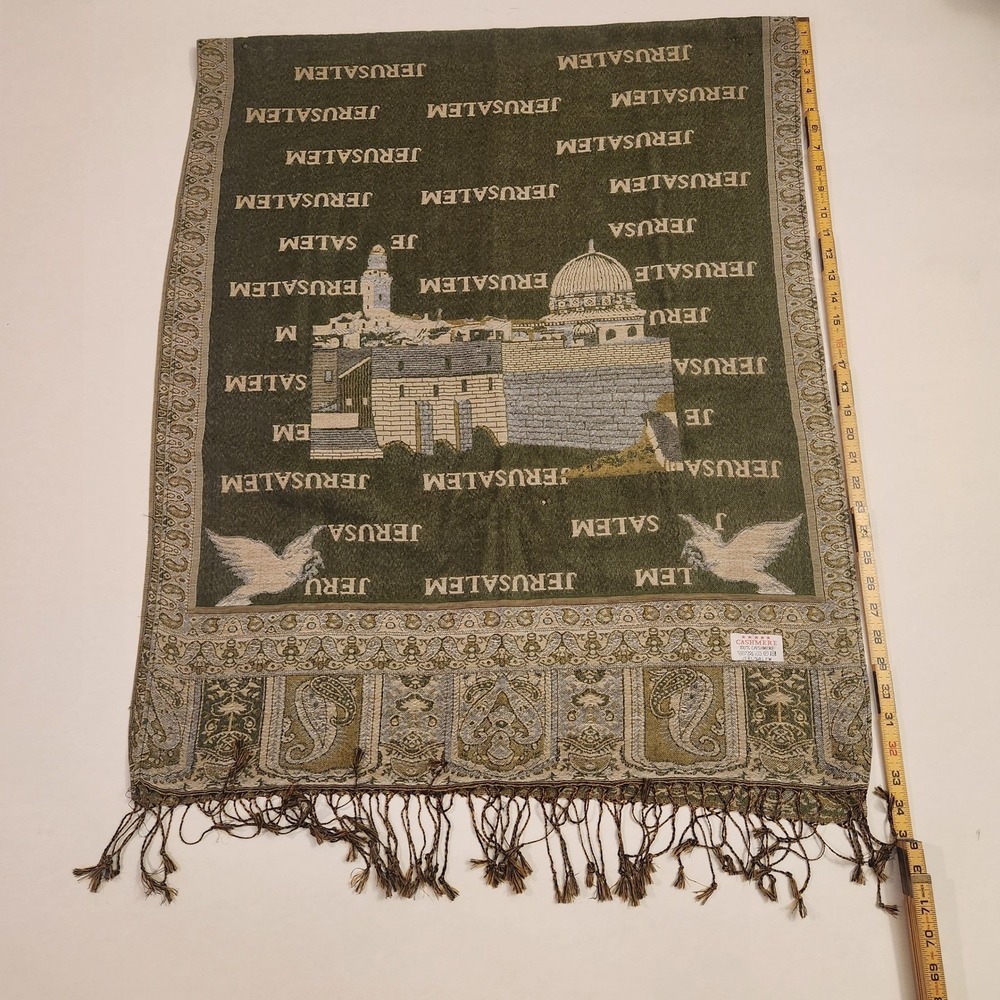 Jerusalem Cashmere Scarf Olive Green Pashmina Shawl Holy Land Souvenir 68x27